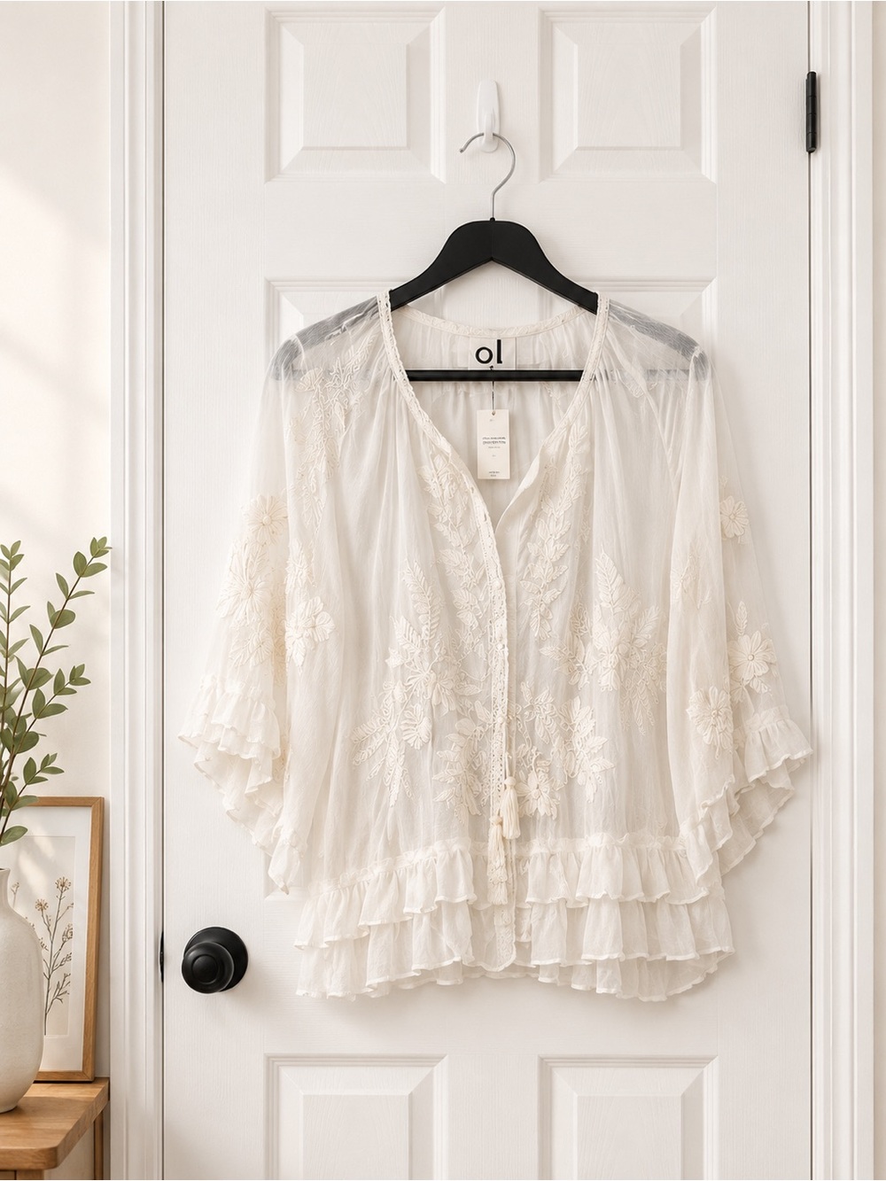 Anthropologie Cream Embroidered Peasant Blouse with Tassels